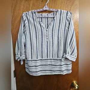 Liz Claiborne Blouse Top Stripped Boho 3/4 Sleeve Linen Blend Women's XL